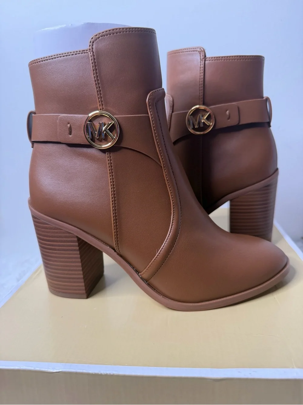 Michael Kors Brown Leather Block-Heel Ankle Boots with MK Medallion
